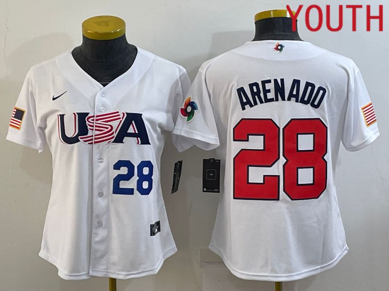 Youth 2023 World Cub USA 28 Arenado White MLB Jersey4